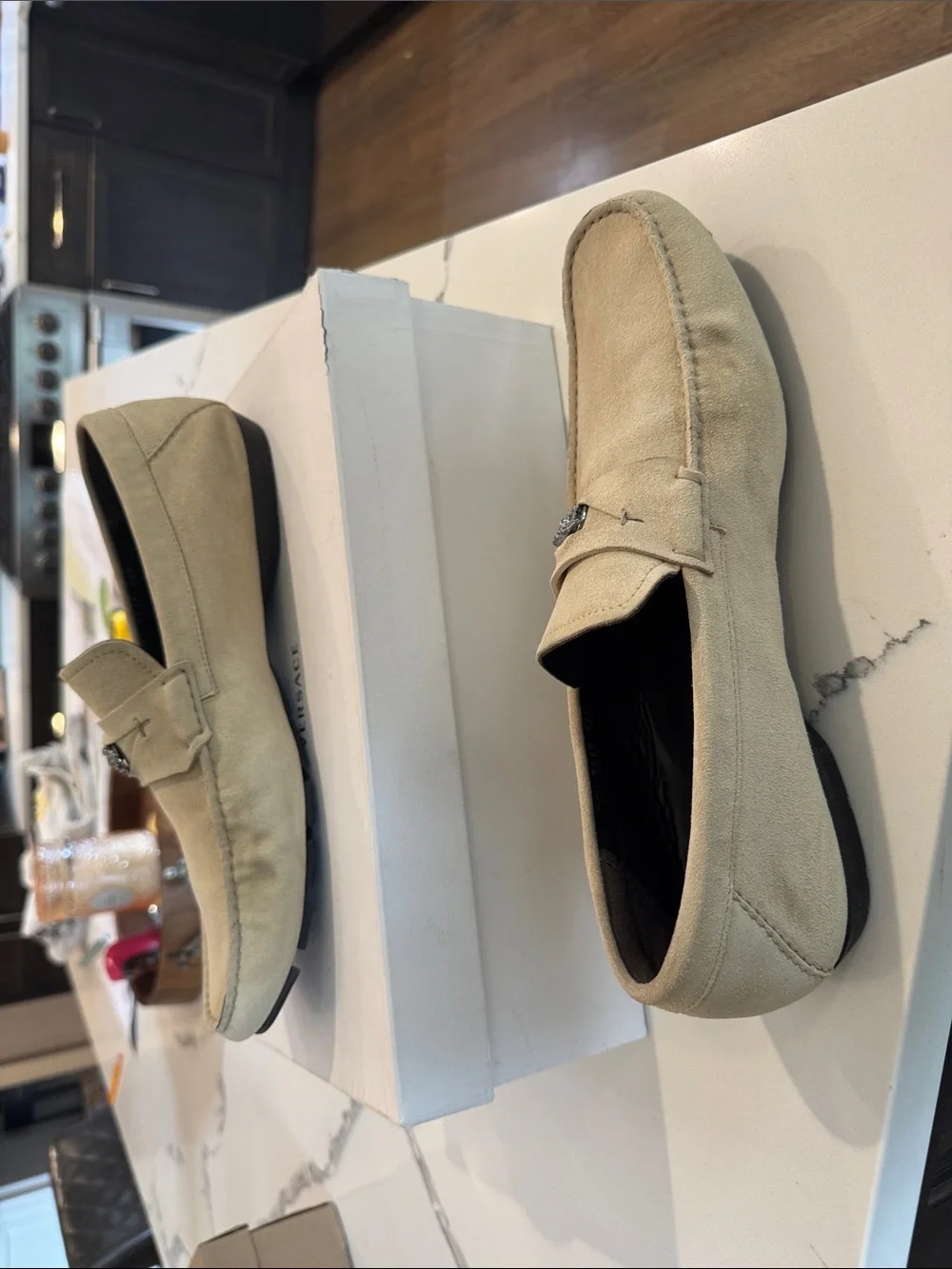 Men's Versace Beige Suede Slip-On Loafers with Decorative Metal Accent
